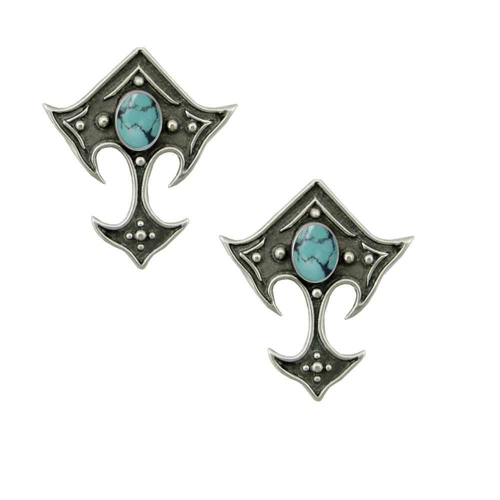 Sterling Silver Gothic Inspired Designer Drop Dangle Earrings With Chinese Turquoise